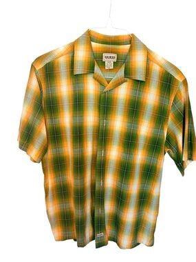 GUESS Green & Yellow Plaid Short Sleeve Button-Down Shirt